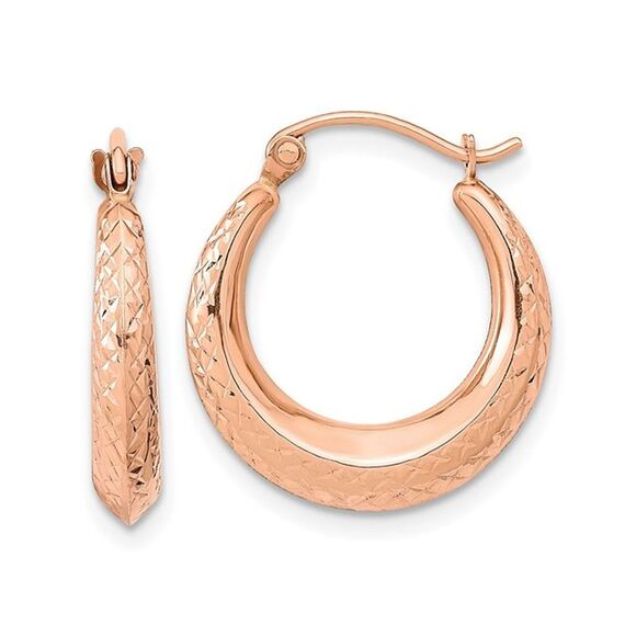 14K Rose Pink Gold Textured Hollow Hoop Earrings